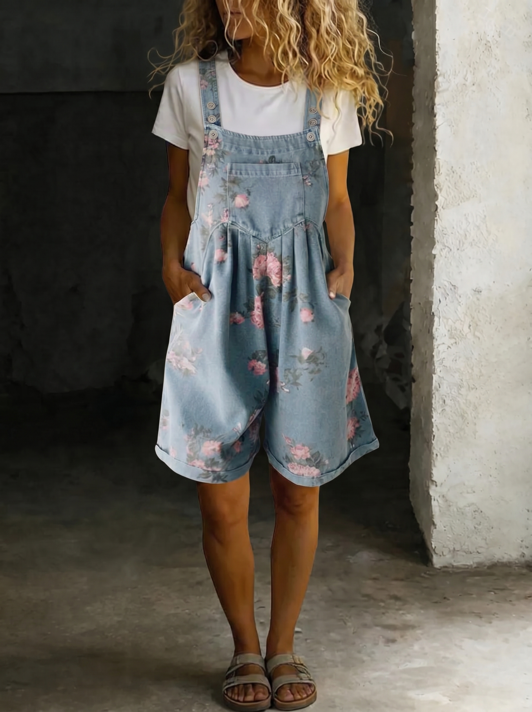 Adriana - Floral Denim Jumpsuit with Soft Cotton Feel and Vintage Wash