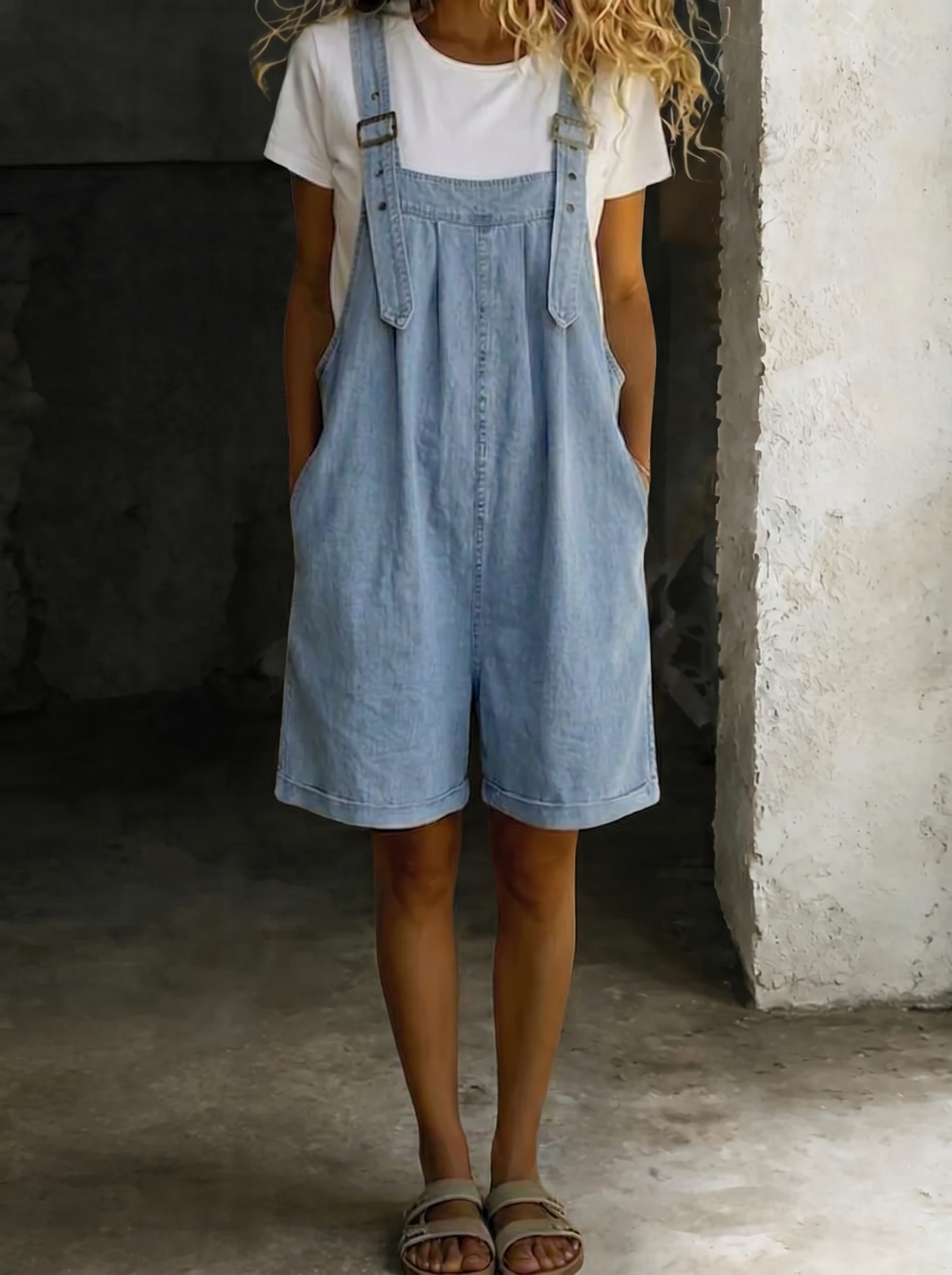 Isabel - Short Denim Jumpsuit with Soft Cotton Feel and Vintage Wash Light Blue