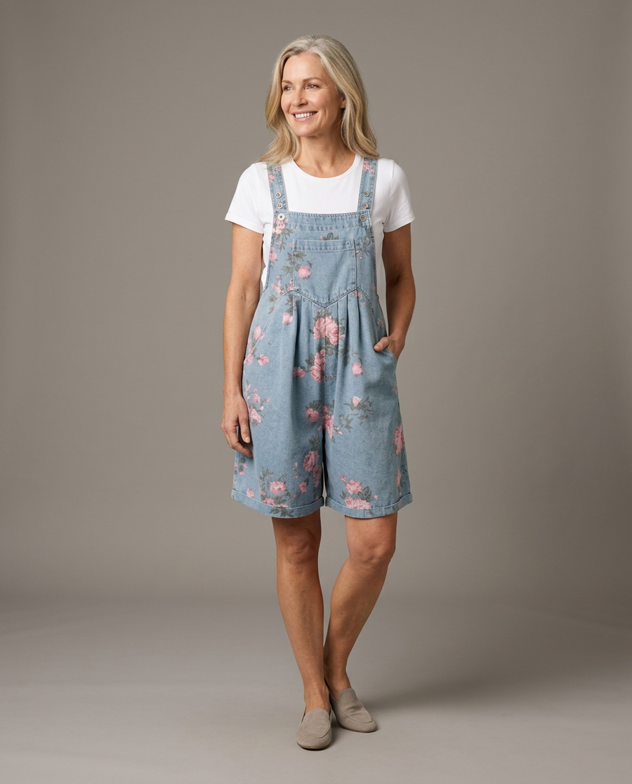 Adriana - Floral Denim Jumpsuit with Soft Cotton Feel and Vintage Wash