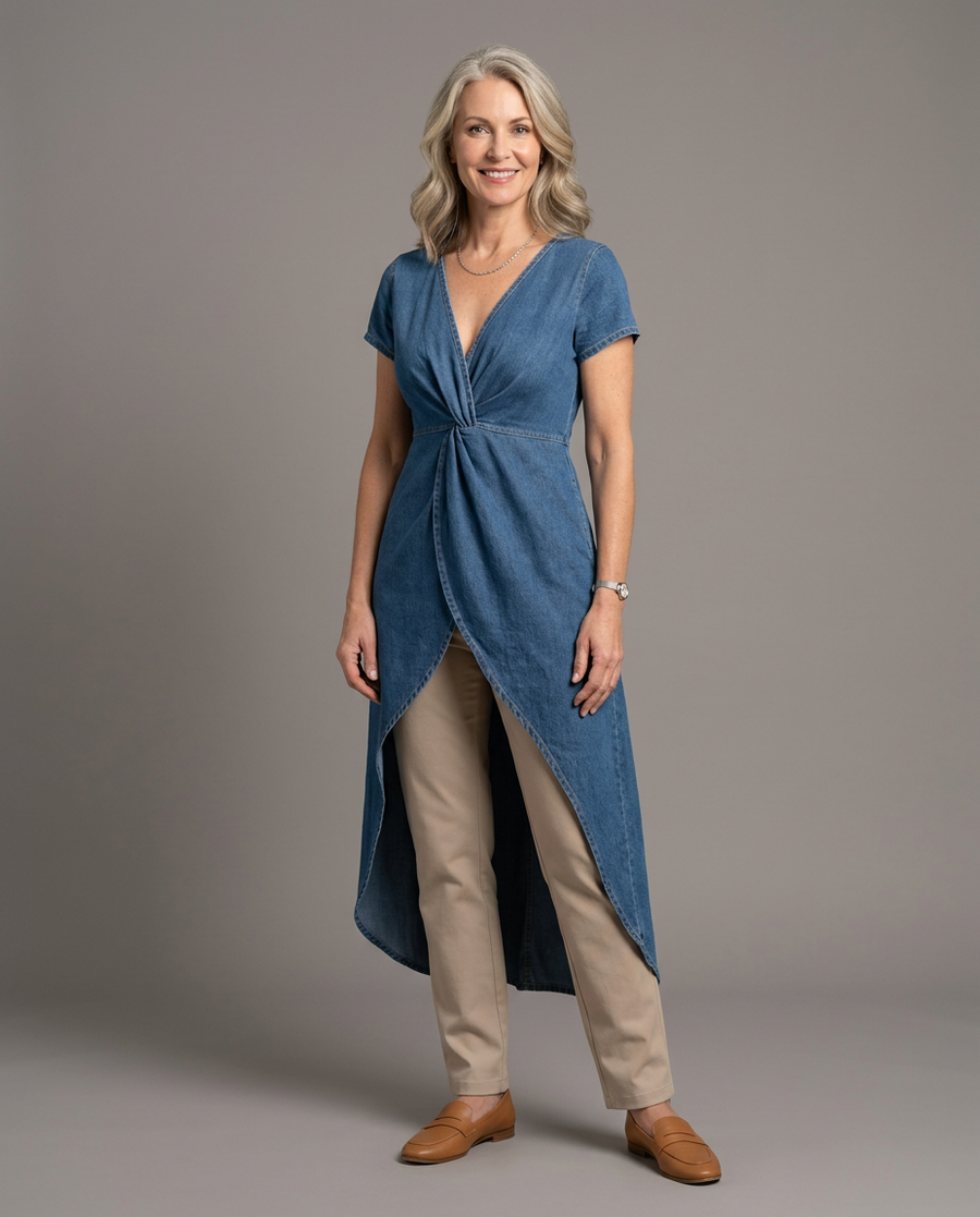 Jessica | Cross-over Denim Tunic with V-Neck