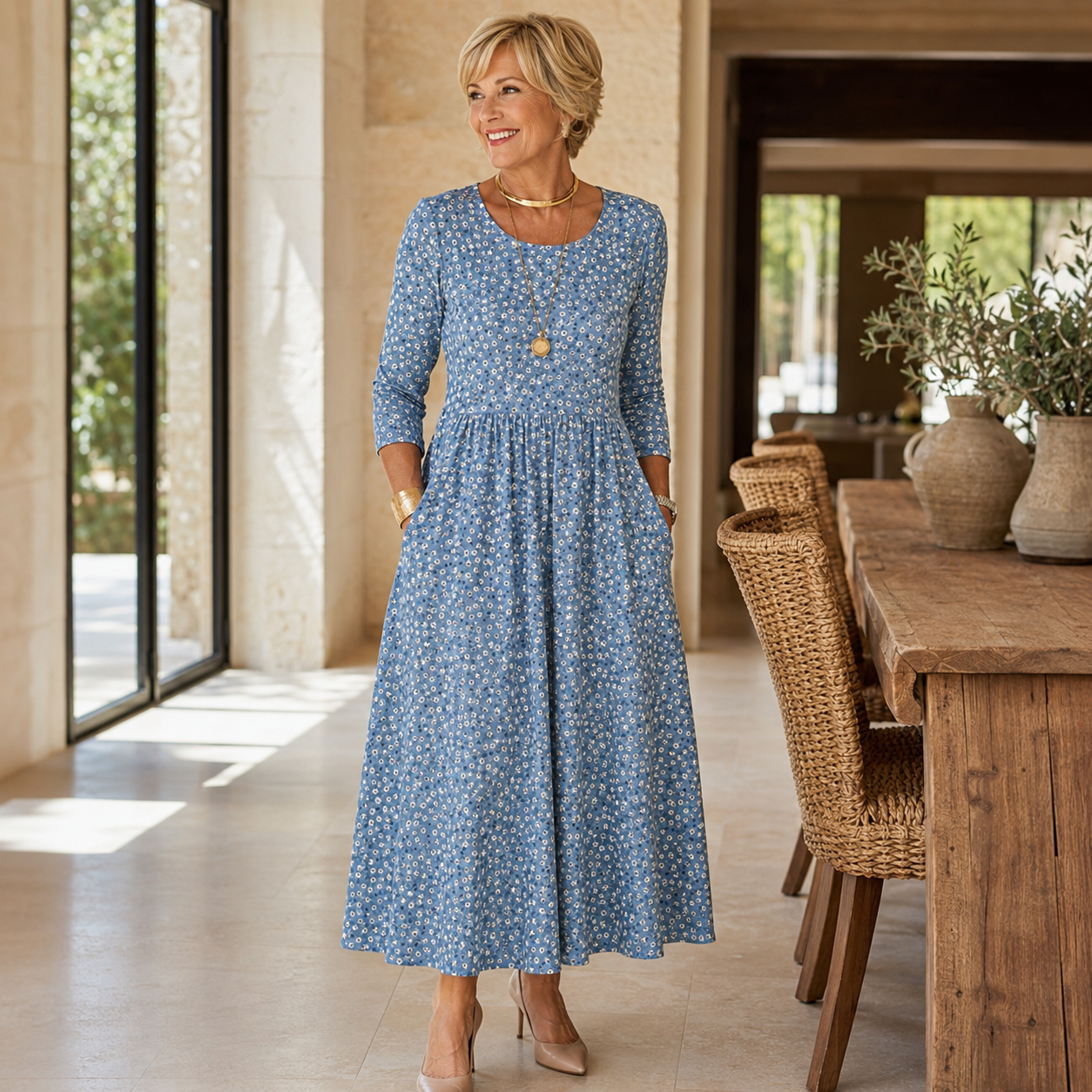 Blue Meadow Easy-Wear Floral Midi Dress