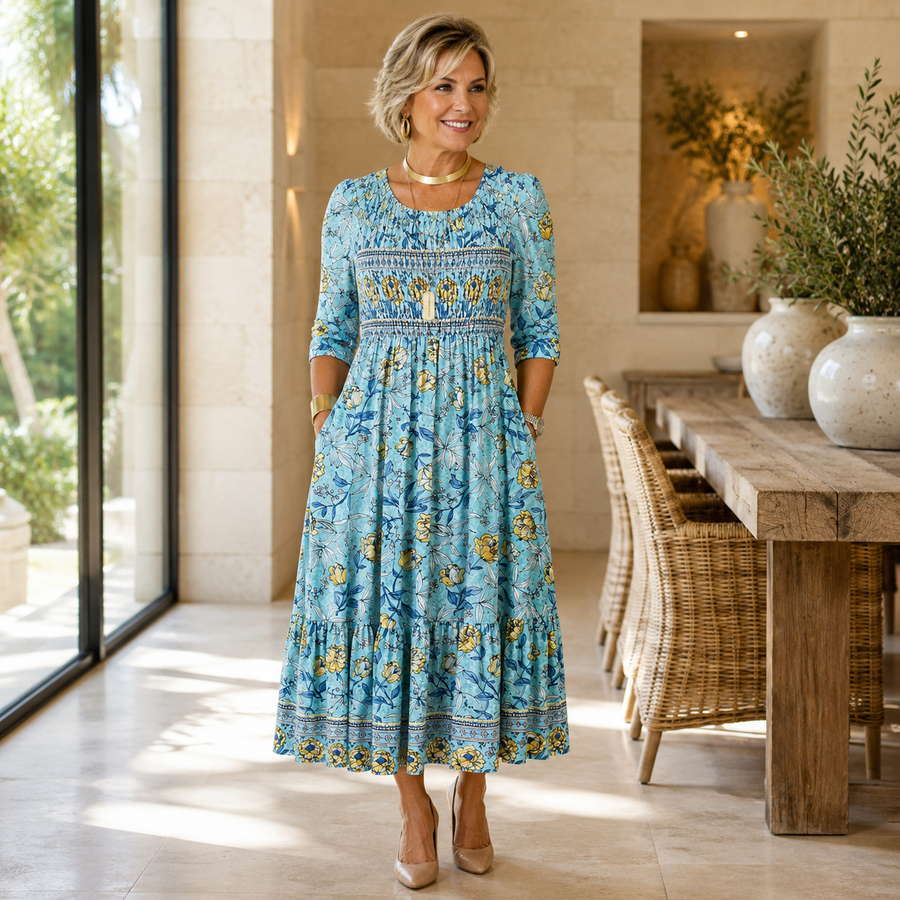 Golden Bloom Smocked Garden Midi Dress