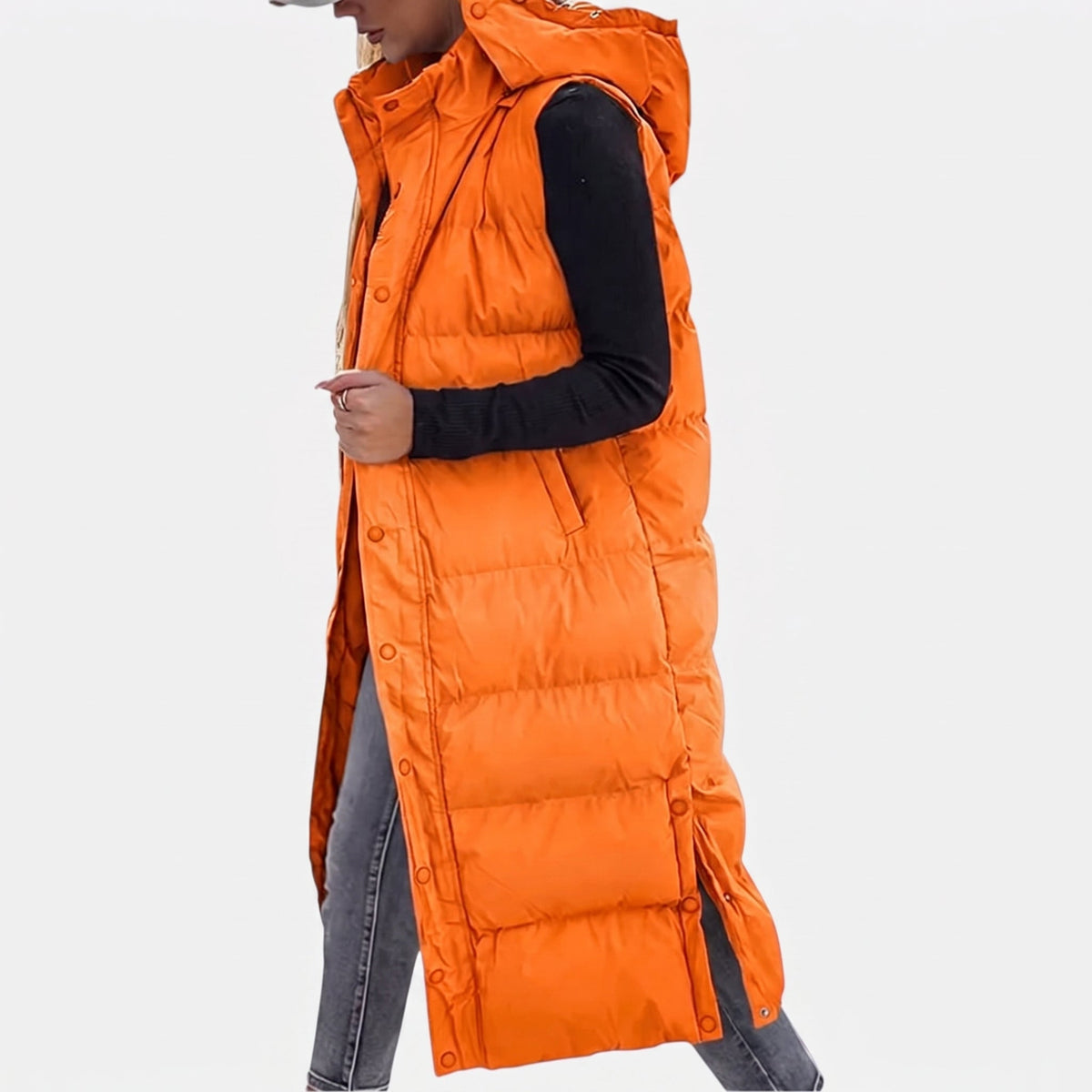 Women’s Puffer Vest Quilted Hooded Maxi Length Button Down