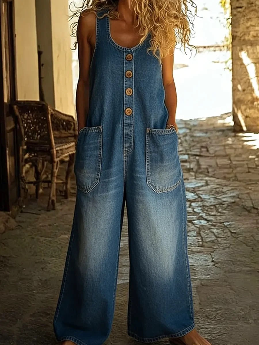 Valentina - Vintage Washed Cotton Denim Dungarees