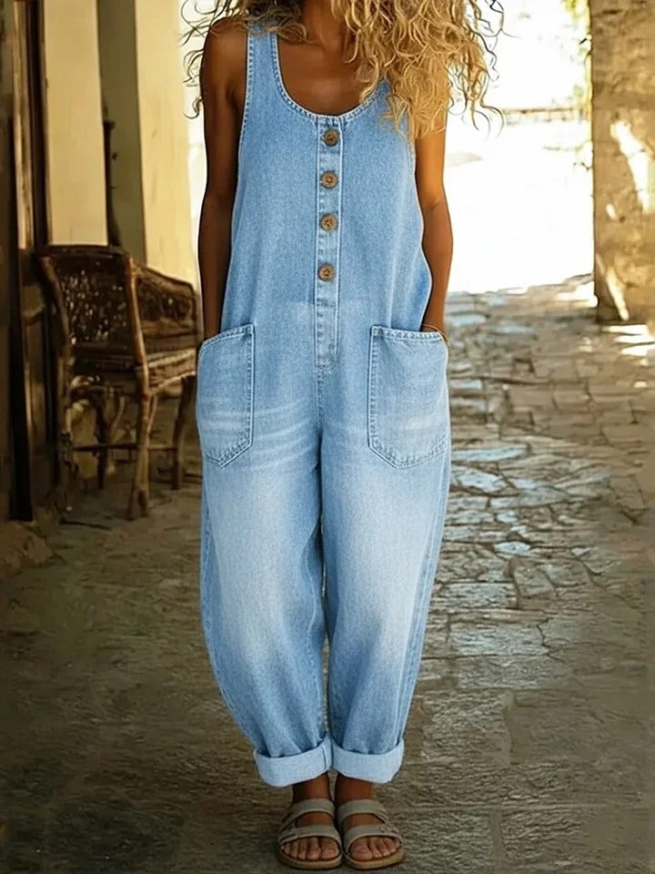 Valentina - Vintage Washed Cotton Denim Dungarees