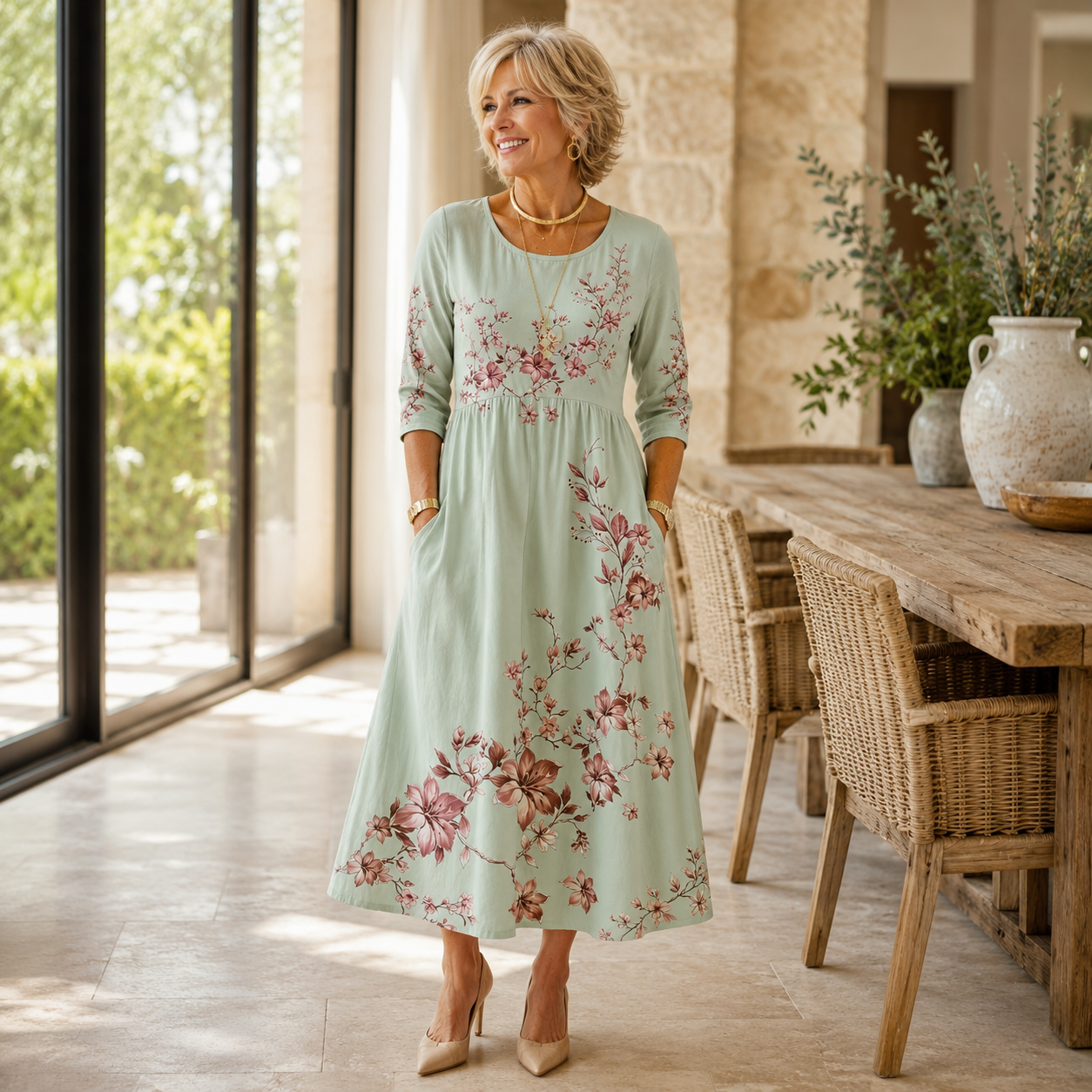 Sage Blossom Grace Pocket Midi Dress